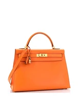 Pre-Owned HERMES Kelly 32 Handbag Orange Box Calf with Gold Hardware