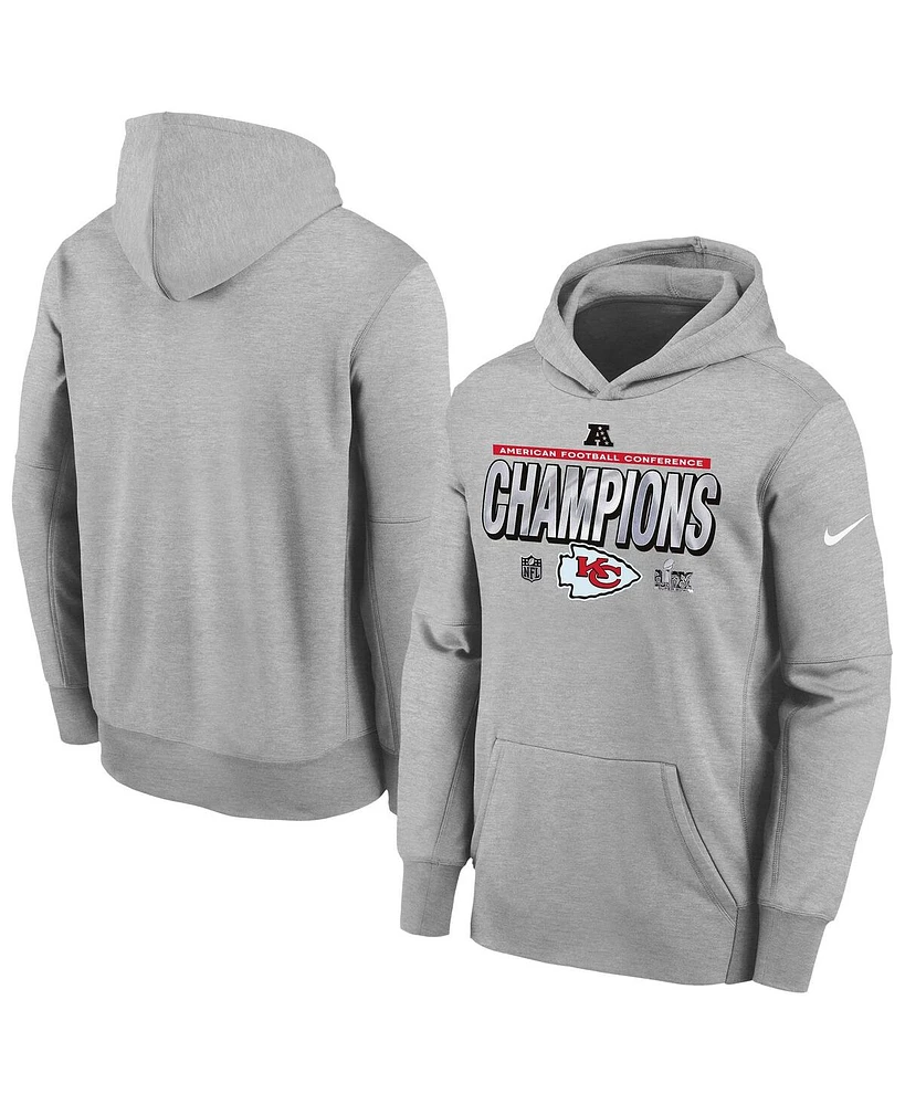 Nike Big Boys and Girls Heather Gray Kansas City Chiefs 2024 Afc Champions Locker Room Trophy Collection Fleece Pullover Hoodie