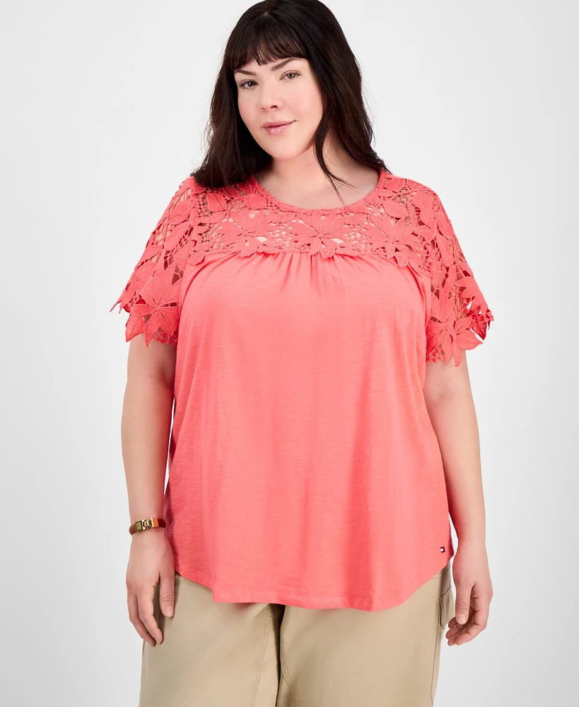 Tommy Hilfiger Plus Lace Yoke Short-Sleeve Top