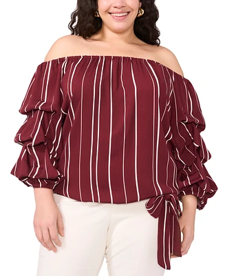 Vince Camuto Plus Striped Off The Shoulder Bubble Sleeve Tie Front Blouse