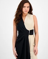 Connected Petite Colorblocked Faux-Wrap Sleeveless Dress