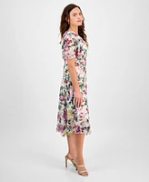 Connected Petite Printed Asymmetric Flutter-Sleeve Dress