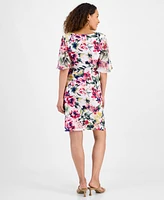 Connected Petite Printed Ruched-Waist Flutter-Sleeve Dress