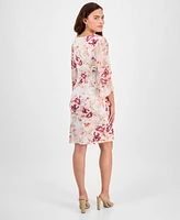 Connected Petite Floral-Print Ruched Cape-Sleeve Dress