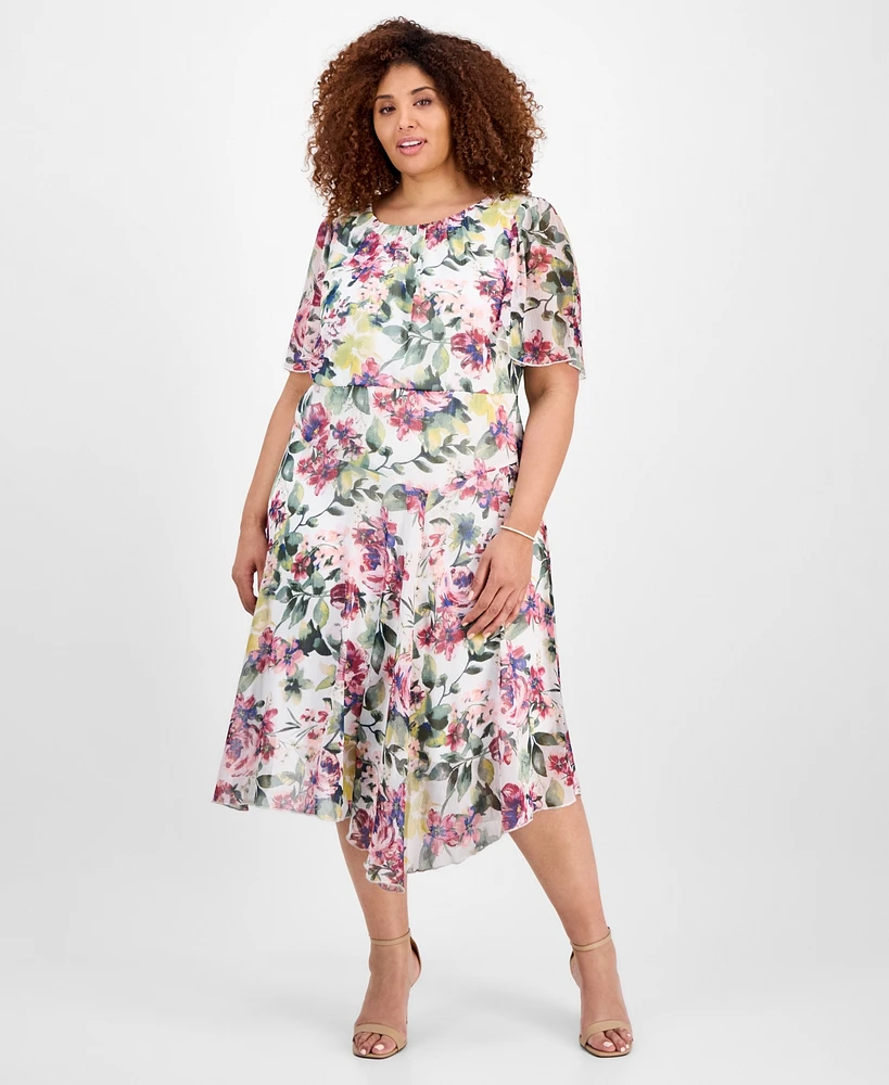 Connected Plus Printed Flutter-Sleeve Chiffon Dress