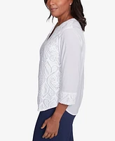 Alfred Dunner Petite Nantucket Lace Scroll Solid Henley Top