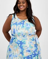 Sandra Darren Plus Printed Pleated Tie-Waist Dress
