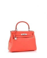 Pre-Owned HERMES Kelly 28 Handbag Red Clemence with Palladium Hardware