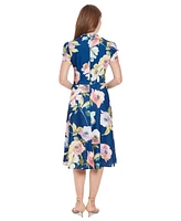 London Times Women's Tie-Neck Short-Sleeve A-Line Dress