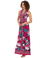 London Times Women's V-Neck Border Jersey Maxi Dress