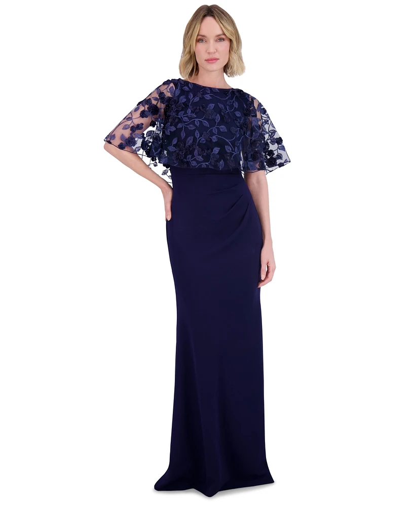 Eliza J Women's Embroidered Cape Overlay Scuba Gown