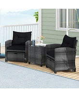 5 Piece Patio Rattan Furniture with 2 Ottomans and Tempered Glass Coffee Table