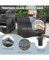 5-Piece Outdoor Rattan Furniture Set with 2 Ottomans and Glass Coffee Table