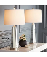 Braydon Modern Table Lamps 28" Tall Set of 2 with Usb Charging Port Brushed Nickel Metal Glass White Drum Shade for Living Room Bedroom House Bedside