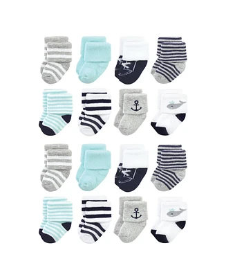 Hudson Baby Cotton Rich Baby Terry Socks 16-Pack, Mint Whale, 0-6 Months