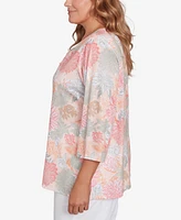 Hearts Of Palm Plus Spring Forward Tunic Ring Front 3/4 Sleeve Top
