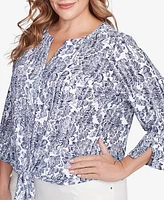 Hearts Of Palm Plus Size Making Waves Printed Tie Front Gauze Top