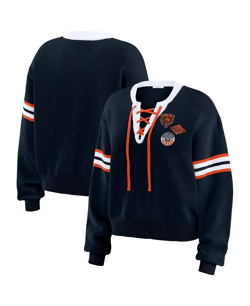 Wear by Erin Andrews Women's Navy Chicago Bears Lace-Up Sweater