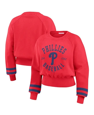 Wear by Erin Andrews Women's Red Philadelphia Phillies Vintage Washed Cropped Pullover Sweatshirt