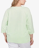Hearts Of Palm Plus Hibiscus Print 3/4 Sleeve Top
