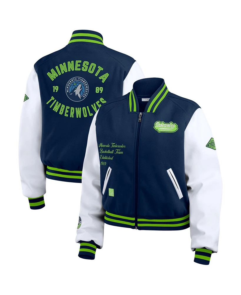 Wear by Erin Andrews Women's Navy/White Minnesota Timberwolves Cropped Varsity Full-Zip Jacket