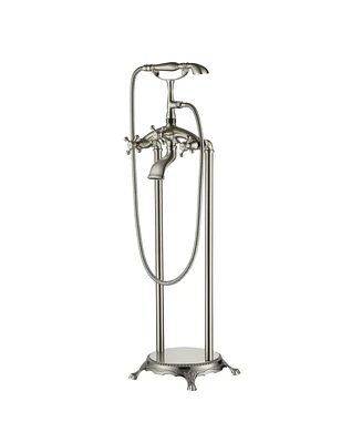 Gold Freestanding Faucet Bathtub Floor Mount Tub Filler with Handheld Shower Spray Lever Telephone Shape High Flow Bathroom Mixing Tap