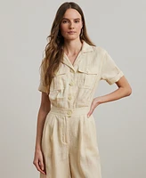 Lauren Ralph Petite 100% Linen Embroidered Short-Sleeve Jumpsuit