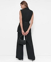 Dkny Womens Notch Collar Belted Extended Vest High Rise Pleat Front Wide Leg Pants Ribbed Sleeveless Crewneck Sweater