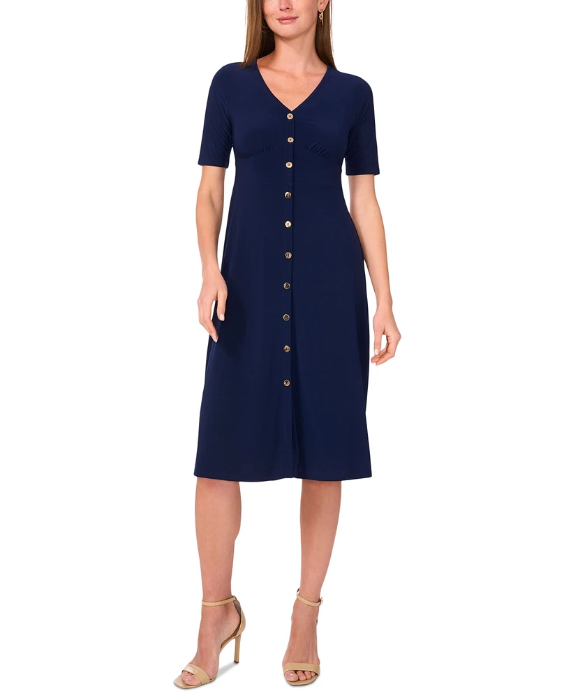 Msk Petite Button-Front Fit & Flare Short-Sleeve Dress