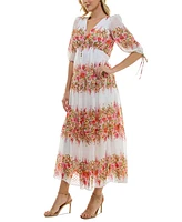 Taylor Women's Floral-Striped Swiss-Dot Chiffon Dress