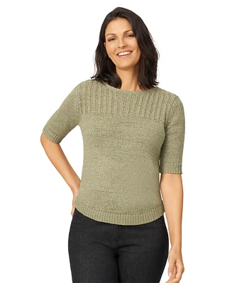 Melissa Paige Petite Elbow-Sleeve Ribbed-Yoke Tape Yarn Sweater