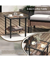 Gymax 5PCS Wicker Patio Furniture Set Rattan Chairs w/ 2-Tier Tempered Glass Side Table
