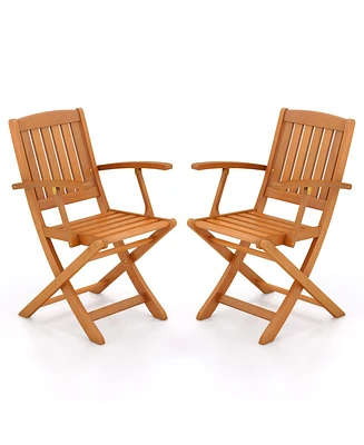 Patio Wood Folding Chair Set of 2 with Armrests and Slatted Seat