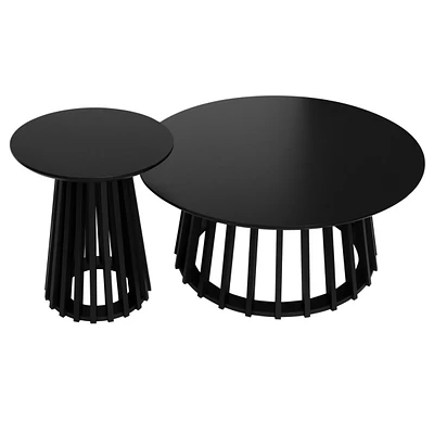 Round Coffee Table Set of 2 Grille Molding Cocktail Table Circle Coofee Table with Metal Base for Living Room