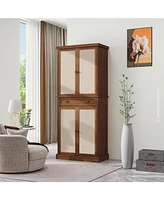 Tall Storage Cabinet with Drawers 4 Rattan Door Storage Cabinet with Adjustable Shelf Freestanding Cupboard for Kitchen Living Room, Brown
