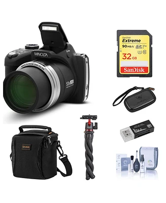 Minolta MN53Z 16MP Fhd Digital Camera with 53x Optical Zoom, Wi-Fi, Black Bundle with Shoulder Bag, Octopus Tripod, 32GB Sd Card, Reader, Card Case, C