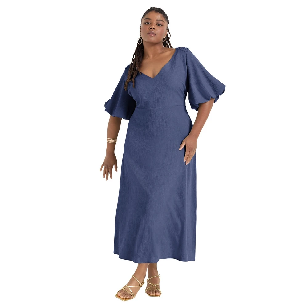 June + Vie Women's Plus Puff-Sleeve Babydoll Maxi Dress