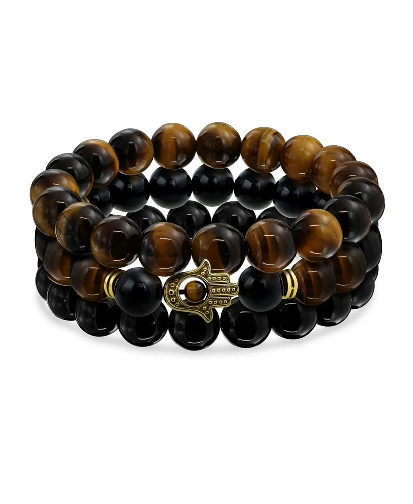 Bling Jewelry Set of 3 Hamsa Hand Natural Tiger Eye and Onyx Bead Stretch Bracelet Gold Plated