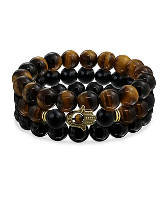 Bling Jewelry Set of 3 Hamsa Hand Natural Tiger Eye and Onyx Bead Stretch Bracelet Gold Plated