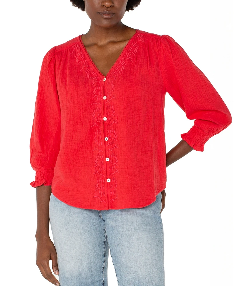 Liverpool Los Angeles Women's 3/4 Sleeve Embroidered Top
