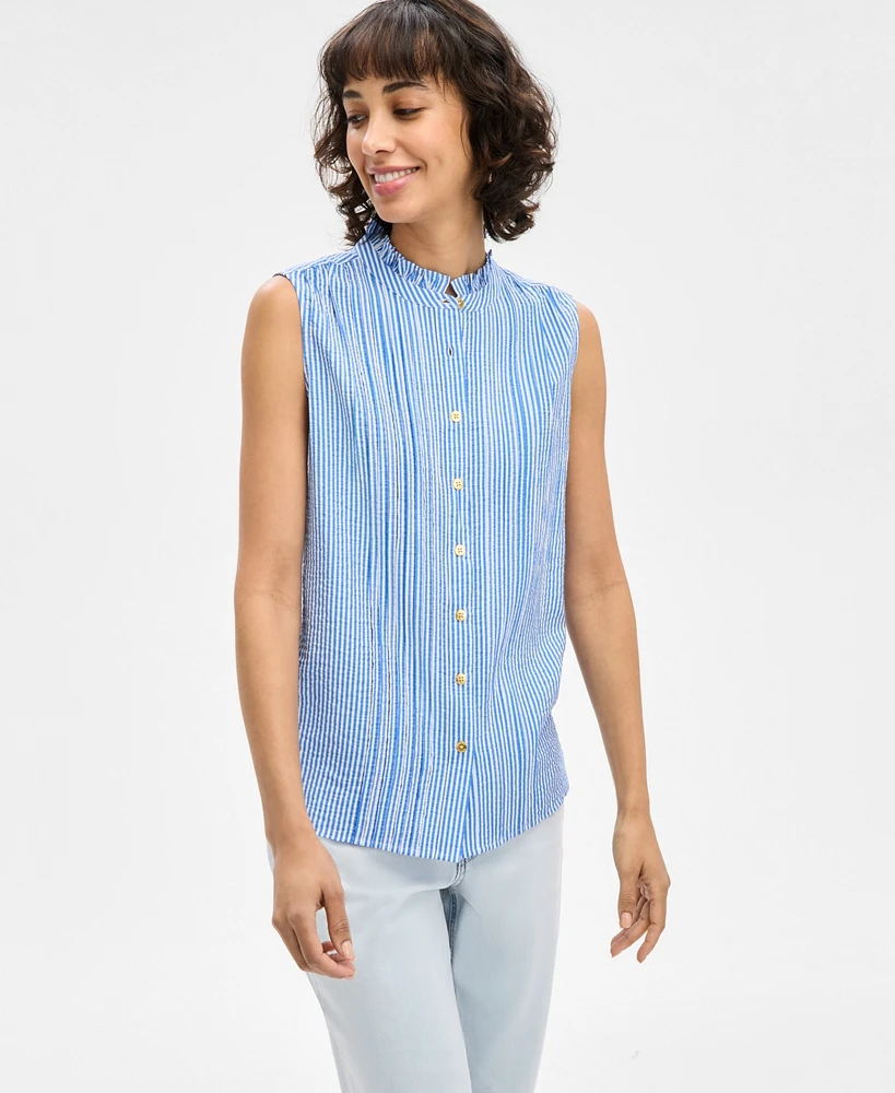 Nautica Jeans Women's Striped Ruffle-Neck Sleeveless Top
