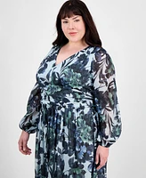 Sl Fashions Plus Floral-Print Blouson-Sleeve Gown
