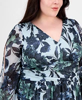 Sl Fashions Plus Floral-Print Blouson-Sleeve Gown
