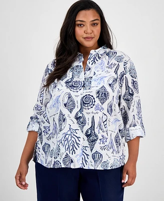 Charter Club Plus Toile Affar Button-Front Linen Shirt, Exclusively at Macy's