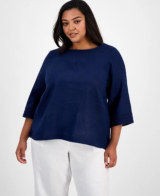 Charter Club Plus Ladder-Trim Linen Top, Exclusively at Macy's