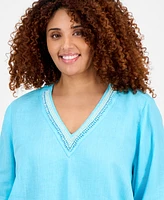 Charter Club Plus Linen Bead-Embellished 3/4-Sleeve Top, Exclusively at Macy's