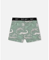 Boy Printed Cotton Boxer Shorts Light Sage And Gray Crocodile - Toddler|Child