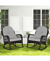 Patio Rattan Rocking Chair with Seat Back Cushions and Waist Pillow-Navy