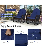 Patio Rattan Rocking Chair with Seat Back Cushions and Waist Pillow-Navy