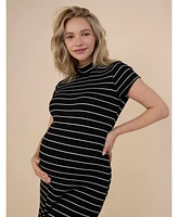 Women's Mock Neck Short Sleeve Ribbed Maternity Midi Dress - Motherhood